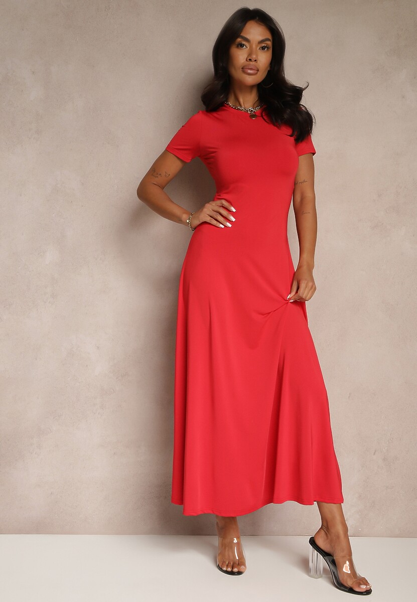 Jasnobeżowa Taliowana Sukienka z Krótkim Rękawem Liranisea