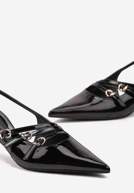 Czarne Czółenka Lakierowane Kaczuszki Bez Pięty Ozdobione Paskami ze Sprzączkami Arforia