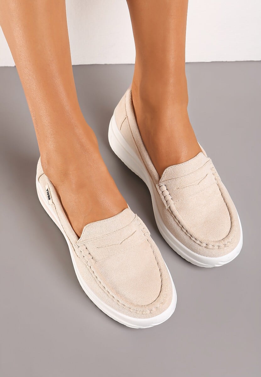Beżowe Mokasyny z Ekozamszu na Platformie Ozdobione Paseczkiem Adrancia