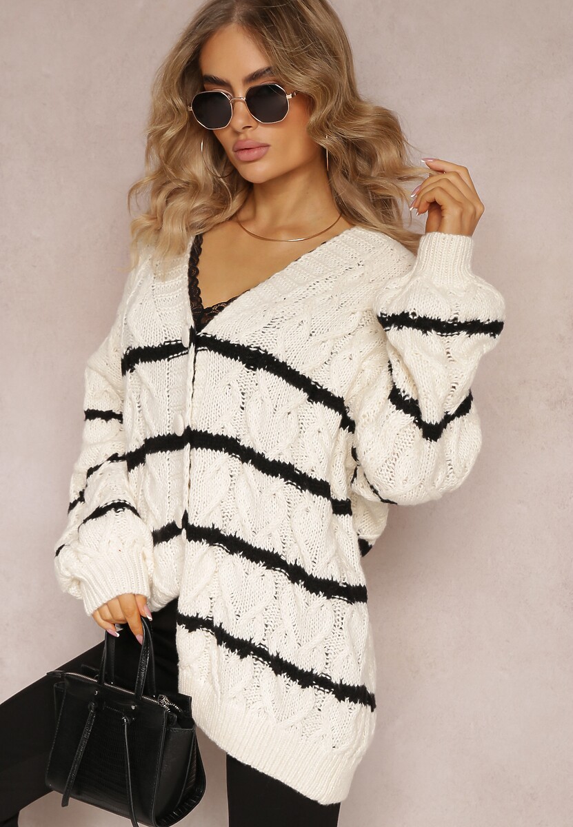 Jasnobeżowy Zapinany Kardigan w Paski i Warkoczykowy Splot Isildesa