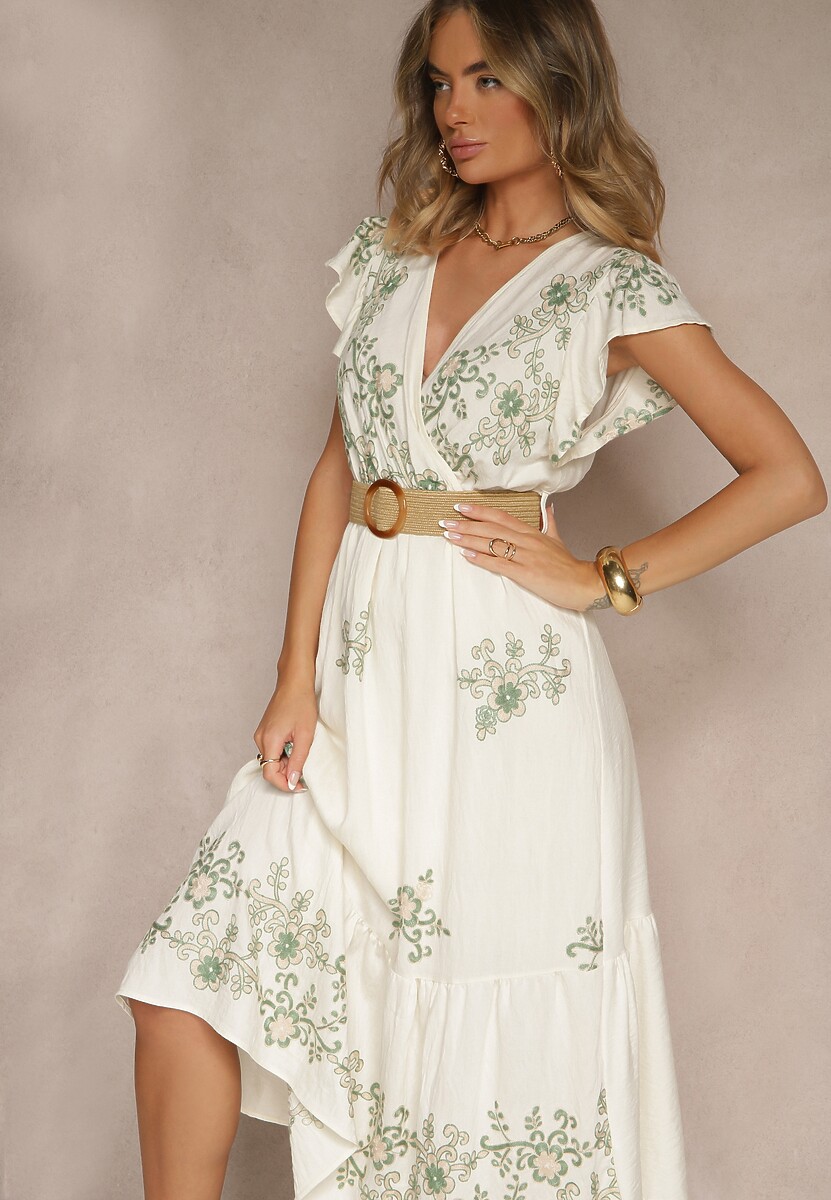 Biało-Czarna Kopertowa Sukienka z Wiskozy Ozdobiona Haftem i Paskiem Nilatea