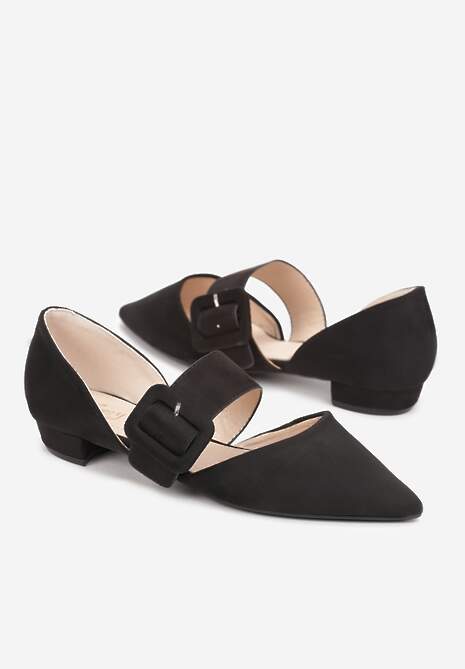 Czarne Balerinki z Paskiem z Klamerką i Szpiczastym Noskiem Neondra