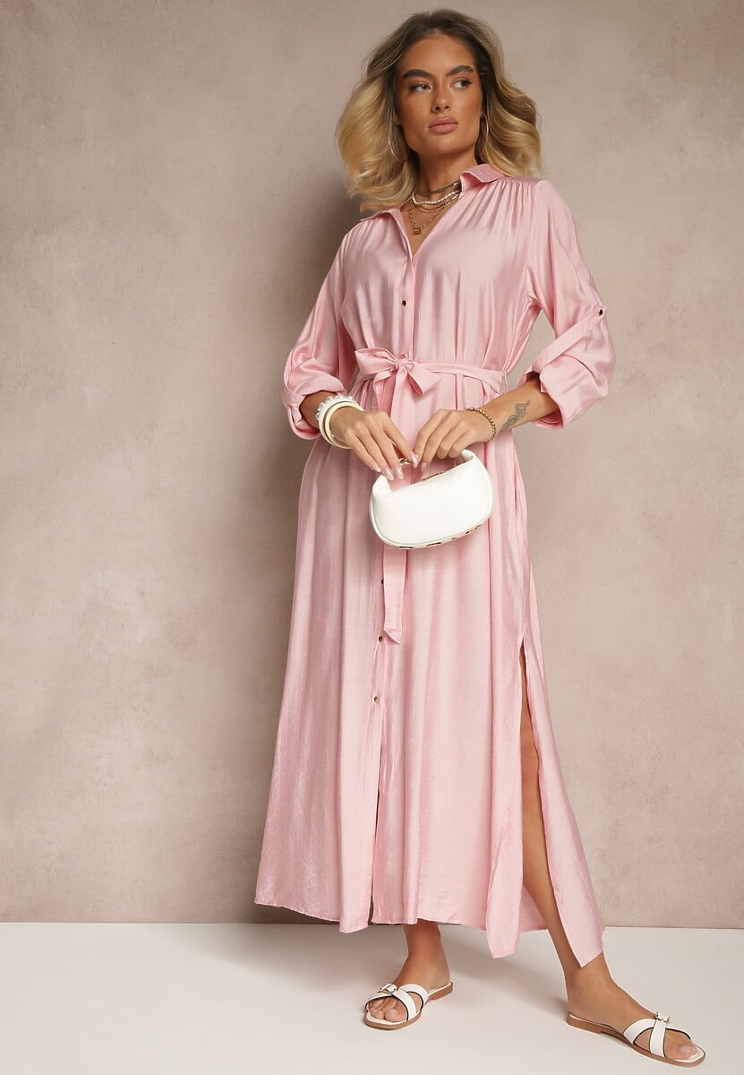 Różowa Sukienka Koszulowa z Wiskozą Ozdobiona Paskiem Cleonira