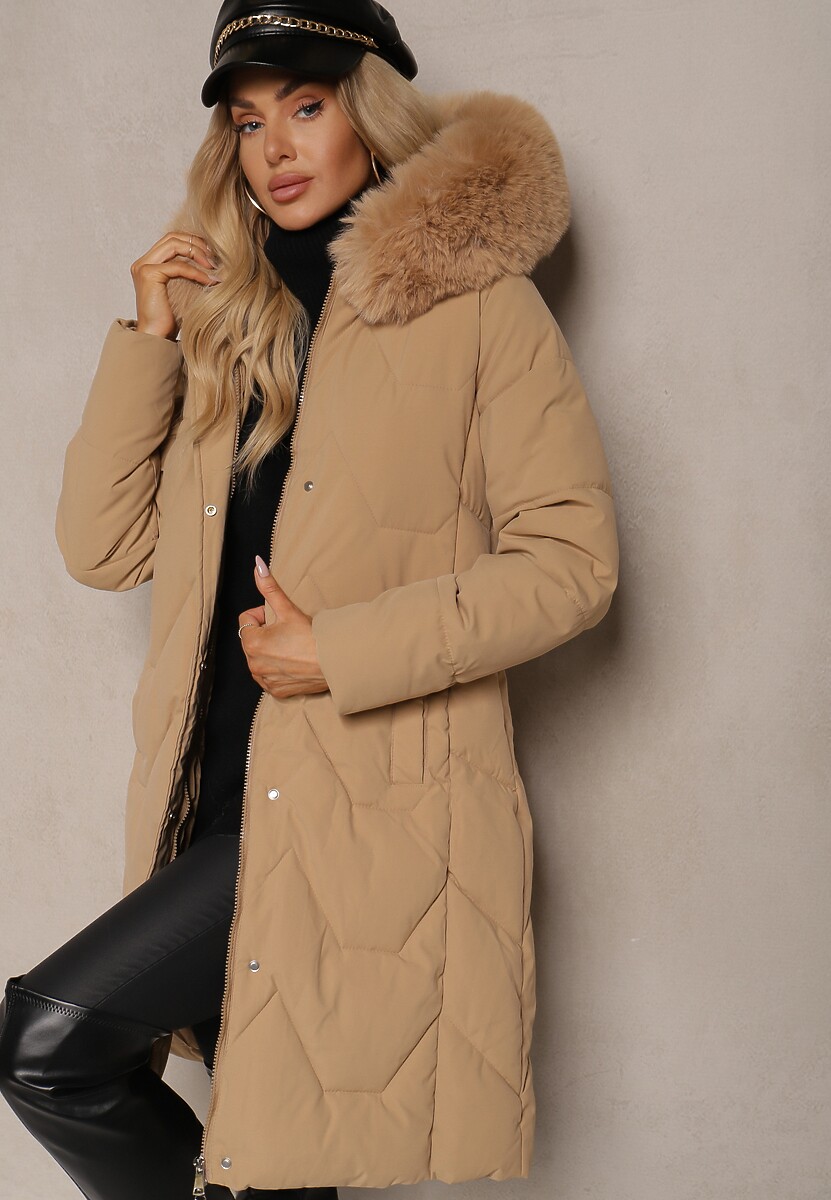 Beżowa Kurtka Długa z Ozdobnym Pikowaniem z Kapturem i Futerkiem  Verticea