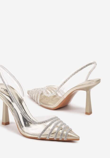 Złote Transparentne Sandały na Obcasie ze Szpiczastym Noskiem i Cyrkoniami Felissin