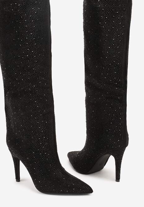 Czarne Kozaki Muszkieterki na Szpilce Ozdobione Cyrkoniami  Naladea