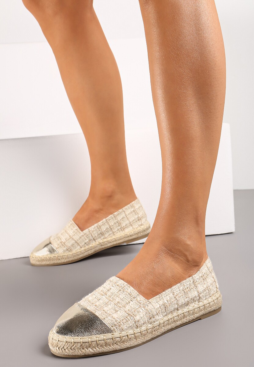 Ciemnobeżowe Espadryle z Tweedowego Materiału z Plecionką na Podeszwie Hexiria