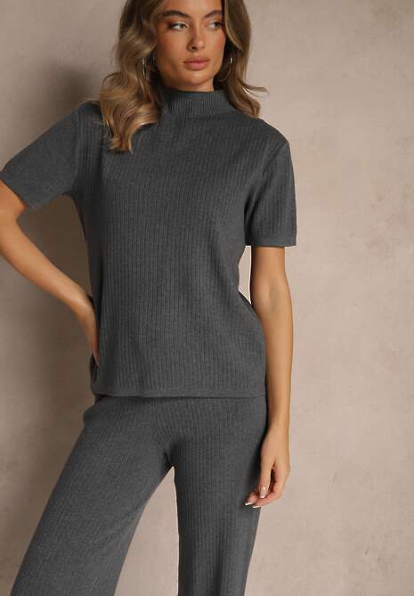 Szary Komplet z Dzianiny z Bawełną Spodnie Kardigan i T-shirt z Golfem Ralonia