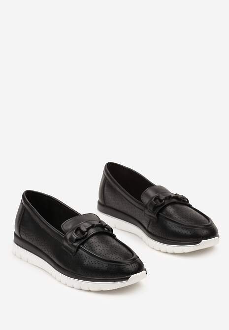 Czarne Mokasyny ze Skórzaną Wkładką Perforacją i Klamrą Gamiara