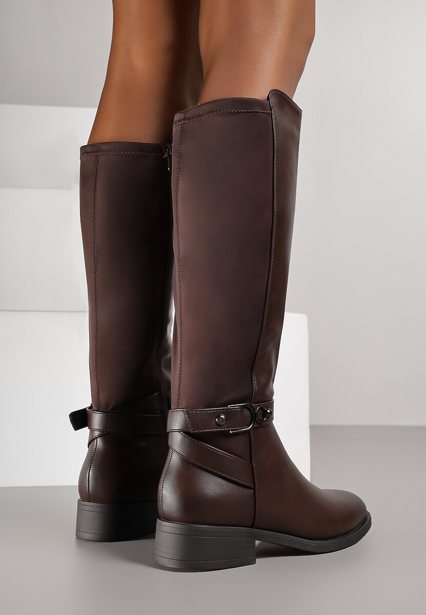 Brązowe Kozaki w Stylu Oficerek Ozdobione Klamrami Otima