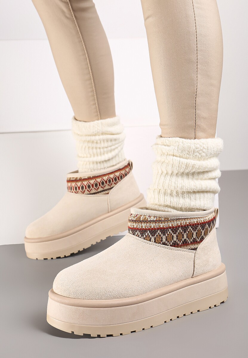 Beżowe Śniegowce na Wysokiej Platformie Ozdobione Wzorzystą Wstawką Sinalora