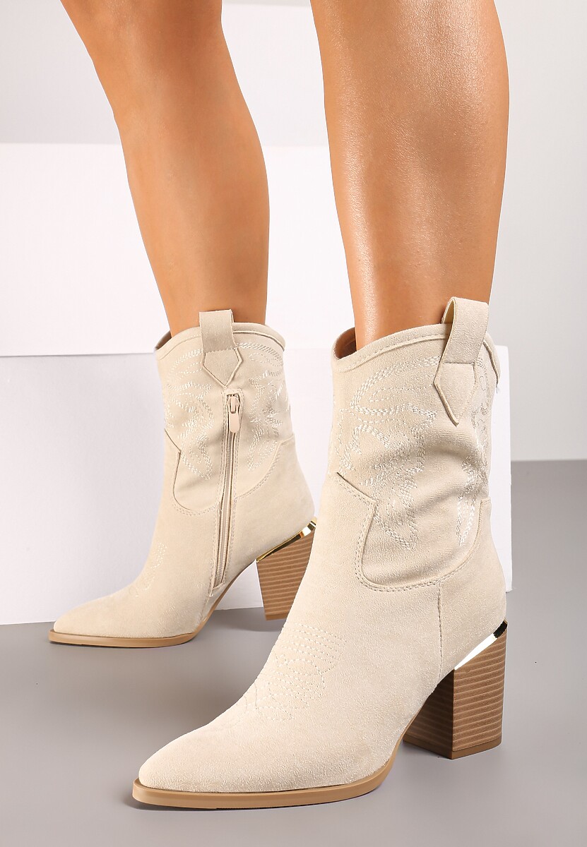 Beżowe Ażurowe Botki na Słupku w Kowbojskim Stylu Mevith