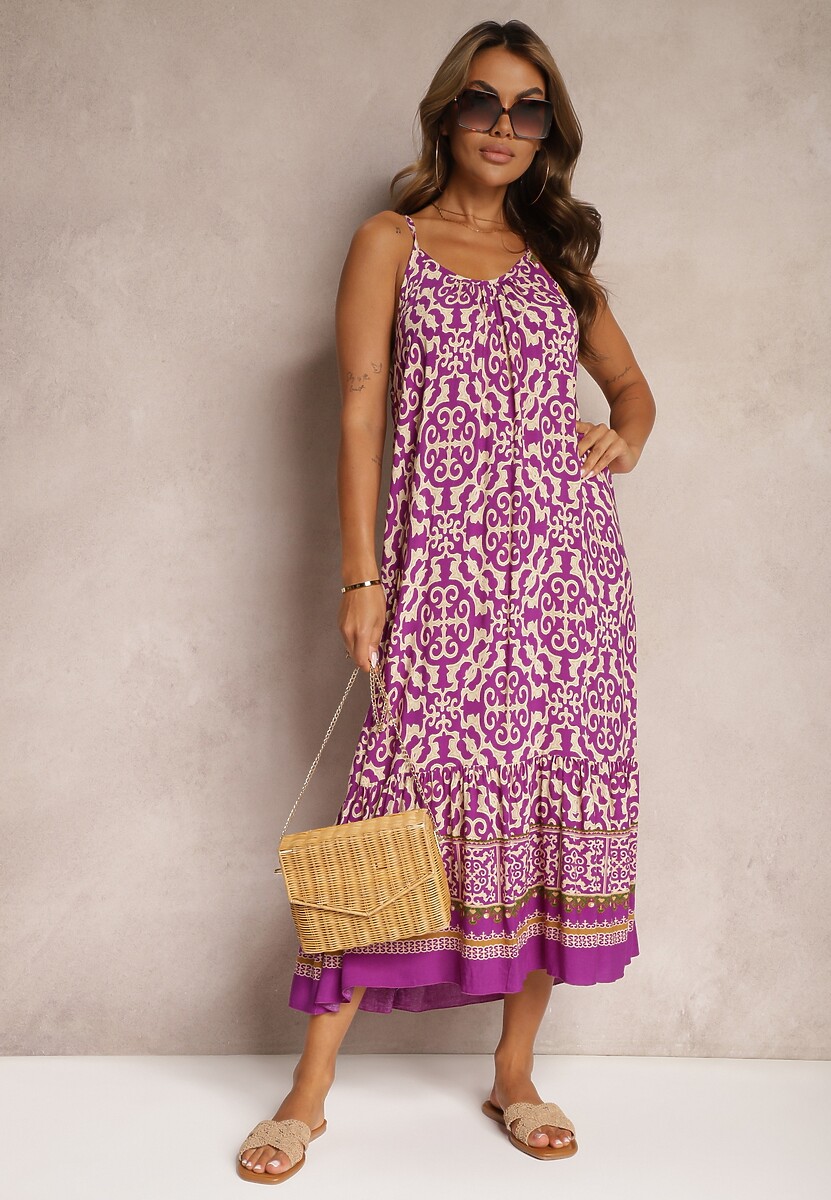 Fioletowa Rozkloszowana Sukienka z Bawełny na Cienkich Ramiączkach Nellmaira
