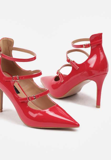 Czerwone Szpilki Lakierowane Ozdobione Paskami ze Sprzączkami Armiela