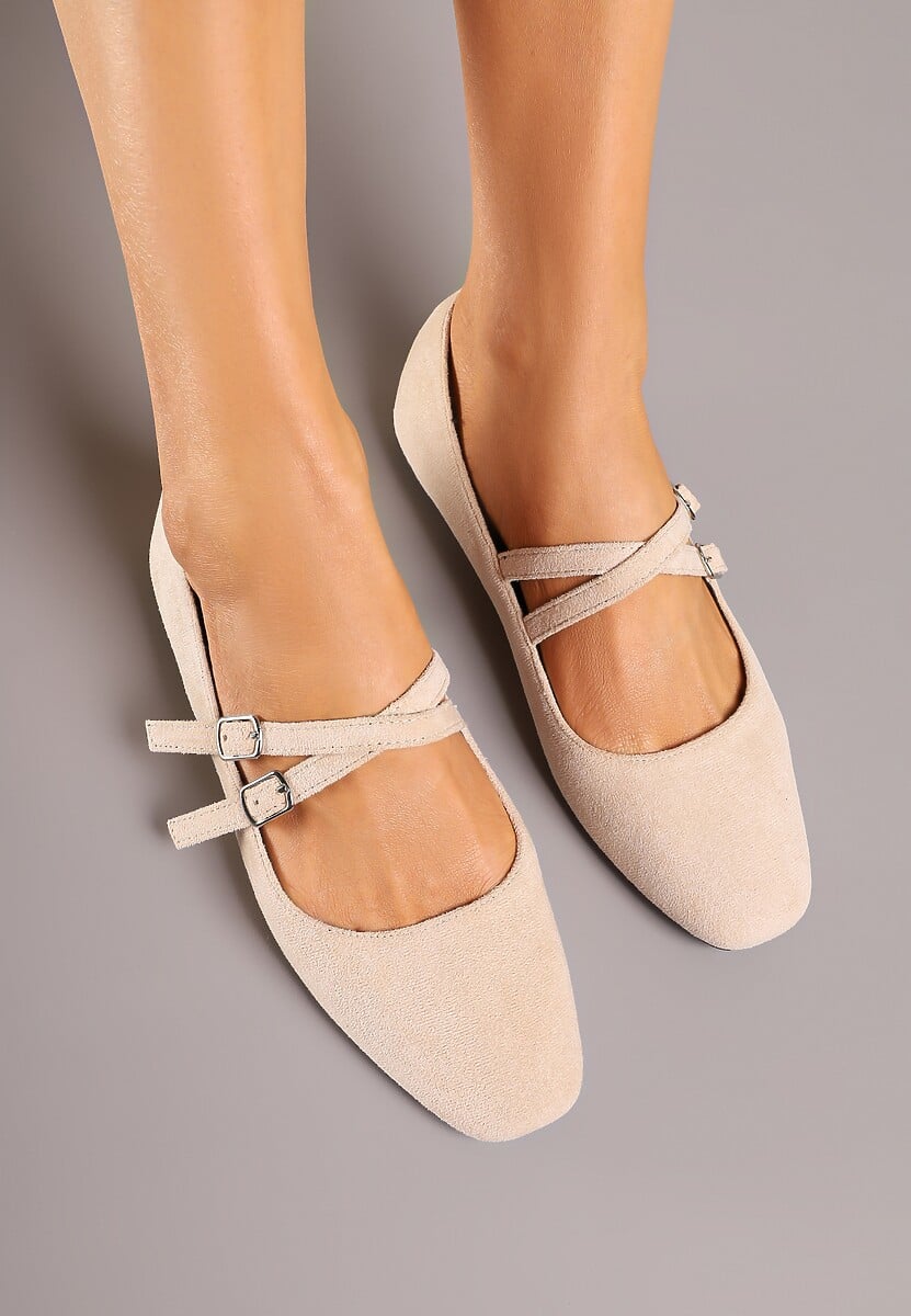 Beżowe Balerinki o Kwadratowym Nosku z Paskami i Eleganckimi Klamerkami Nailan