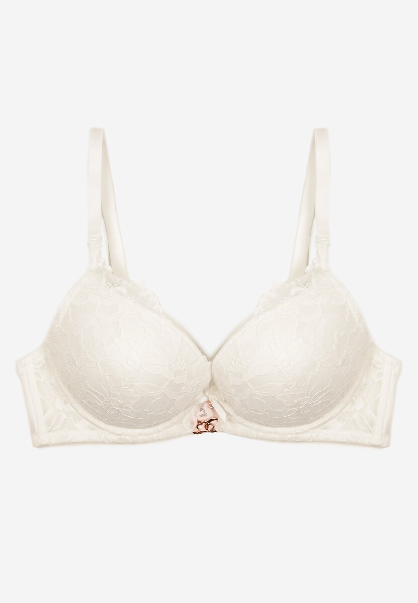 Beżowy Koronkowy Biustonosz Ozdobiony Metaliczną Aplikacją Mirzedi