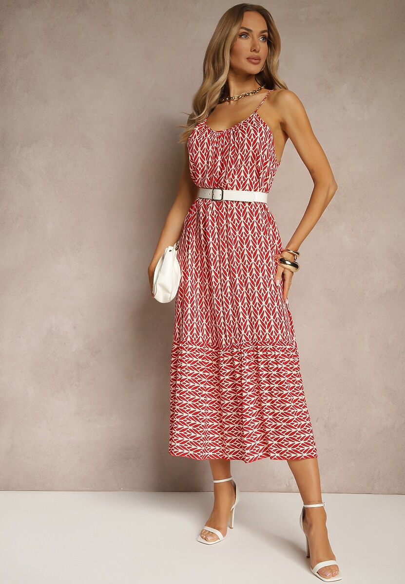 Różowa Sukienka z Bawełny Ozdobiona Geometrycznym Motywem Nilavionea