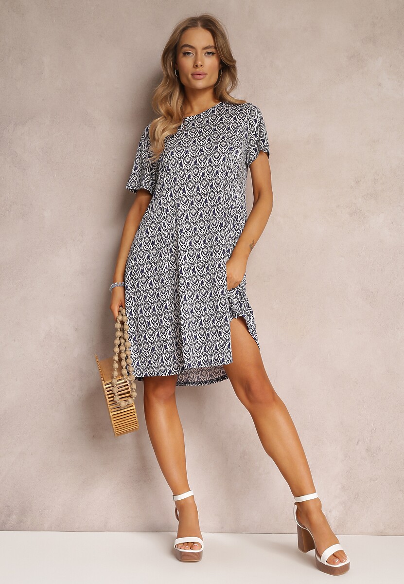 Granatowa Sukienka Mini z Krótkimi Rękawami i Wzorem w Kwiaty Cassatha