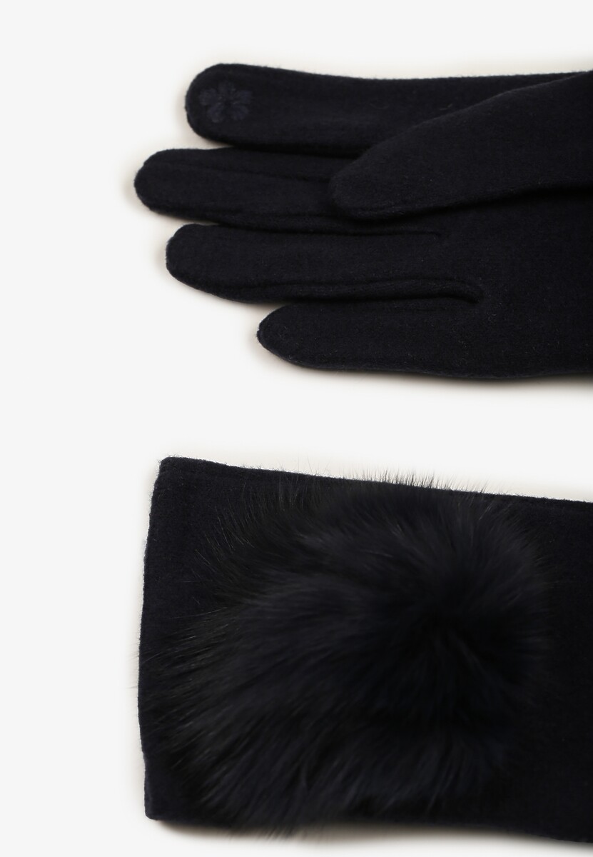 Granatowe Rękawiczki z Bawełną Ozdobione Futrzanym Pomponem Nadelina