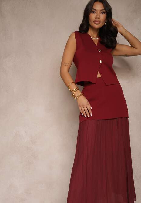 Bordowy Komplet z Wiskozą Spódnica o Rozkloszowanym Kroju i Kamizelka Ozdobiona Guzikami Felilya