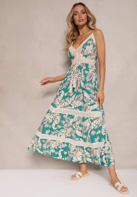 Zielona Rozkloszowana Sukienka z Bawełny w Tropikalny Print z Koronką Alulora