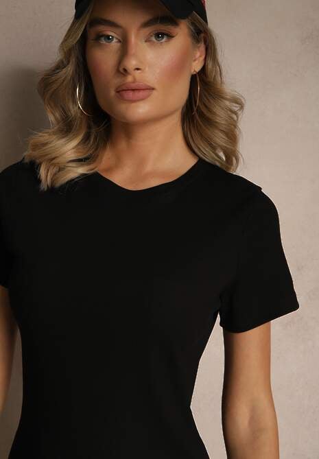 Czarna Dopasowana Sukienka z Bawełny z Prążkowanej Dzianiny Ralevia