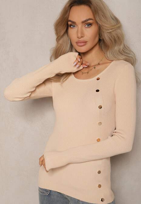 Jasnobeżowy Sweter z Wiskozą Ozdobiony Metalicznymi Aplikacjami Malittia