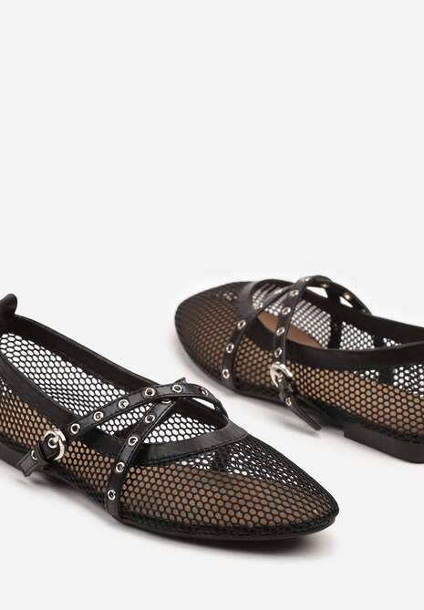 Czarne Balerinki z Siateczki w Stylu Mary Jane z Podwójnym Paskiem Felritia