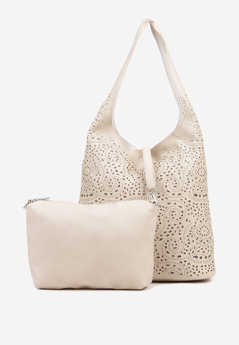 Beżowa Ażurowa Torebka Hobo z Dodatkową Saszetką Telunea