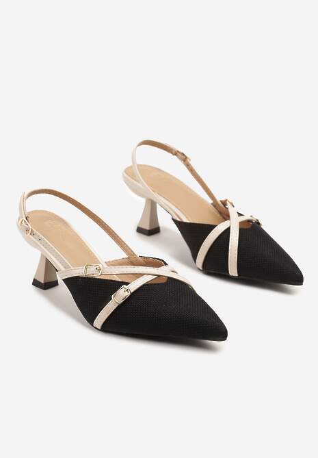 Czarno-Beżowe Sandały Czółenka na Kaczuszce z Noskiem w Szpic i Odkrytą Piętą z Klamerką Arivissa