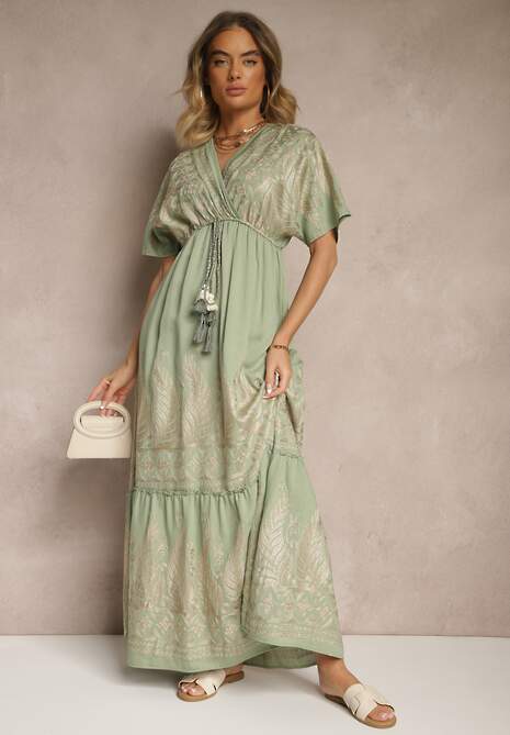 Zielona Wiskozowa Sukienka Kopertowym Dekoltem i Frędzlami Redevie