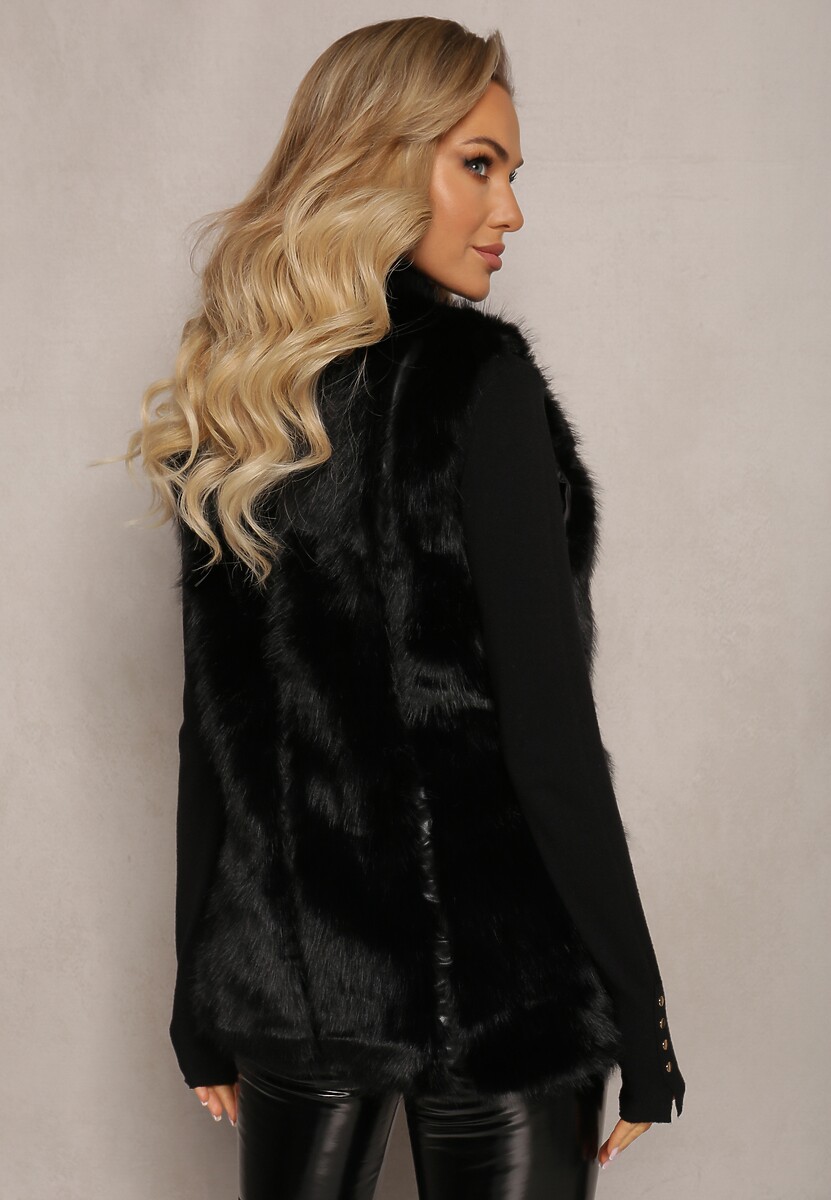 Czarna Puchata Kamizelka z Futerka Ozdobiona Imitacją Skóry Tekllesa