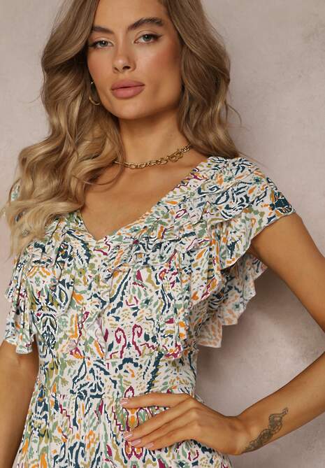 Biało-Beżowa Wiskozowa Sukienka Maxi z Pomponami i Gumką w Talii Belmona