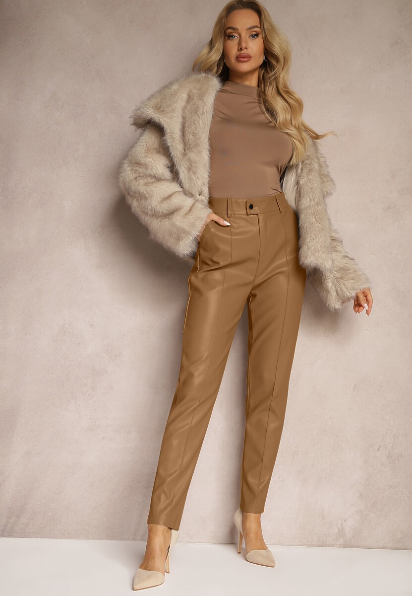 Jasnobrązowe Spodnie o Kroju Slim High Waist z Imitacji Skóry Iritharia