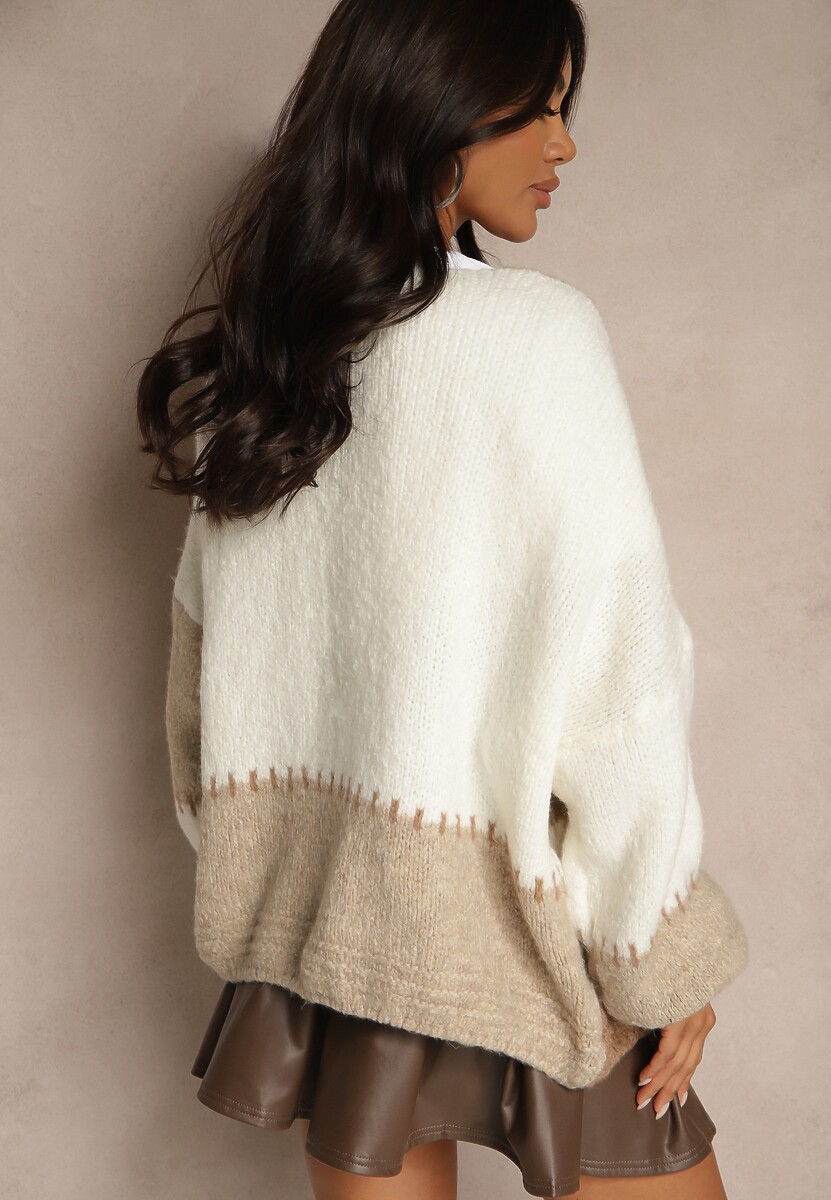 Brązowy Kardigan z Domieszką Wełny i Wiskozy w Patchworkowym Stylu Fesolinne