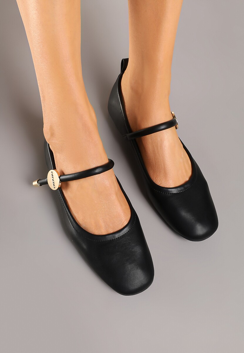 Czarne Balerinki z Kwadratowym Noskiem i Ozdobnym Paskiem Firmio