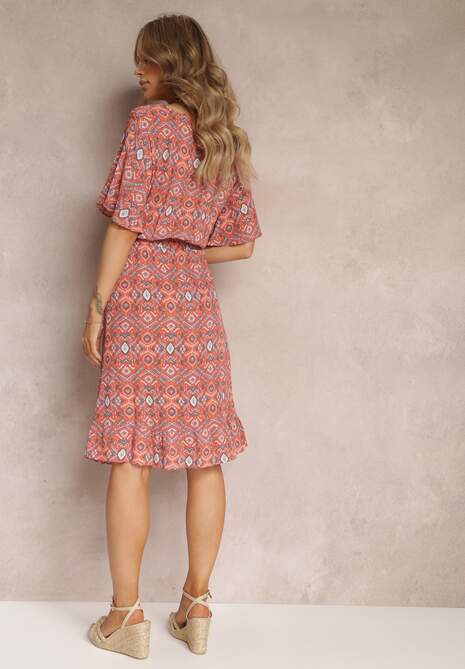 Ciemnoróżowa Wiskozowa Sukienka Midi z Kopertowym Dekoltem i Gumkami w Talii Aubria