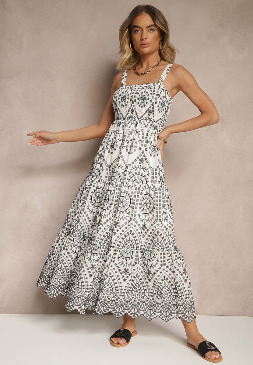 Czarno-Biała Sukienka z Bawełny z Haftowanym Wzorem Sadiralle