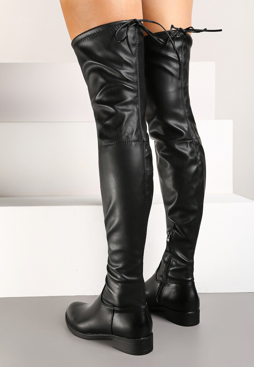 Czarne Kozaki na Płaskiej Podeszwie Oficerki za Kolano z Ociepleniem Ozdobione Wiązaniem Deoirae