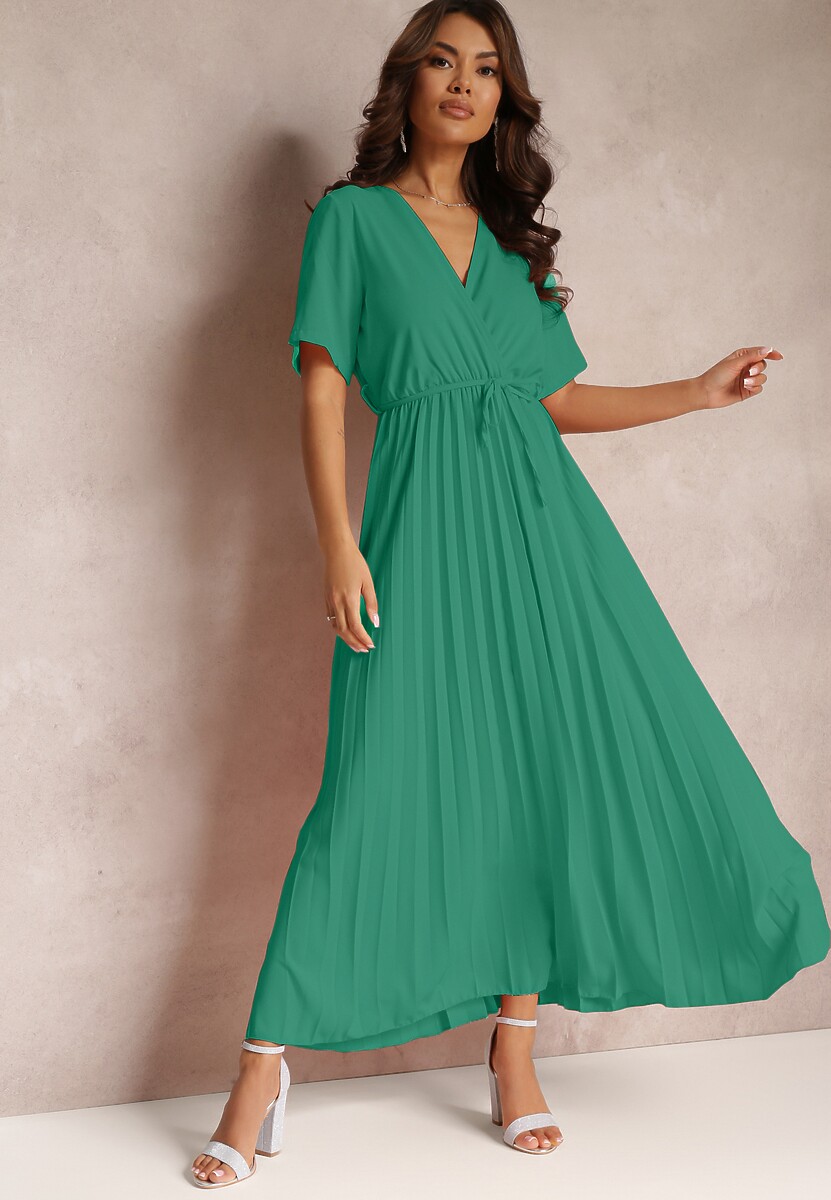 Beżowa Rozkloszowana Sukienka Plisowana z Wiązanym Paskiem Eilemona