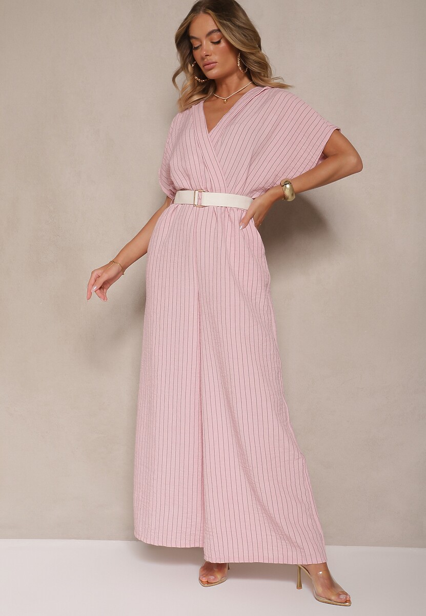 Różowy Kopertowy Kombinezon z Nietoperzowymi Rękawami i Paskiem Tollamira