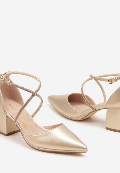 Złote Czółenka Vices z Wkładką ze Skóry Naturalnej Ozdobione Cyrkoniami Sintelittia