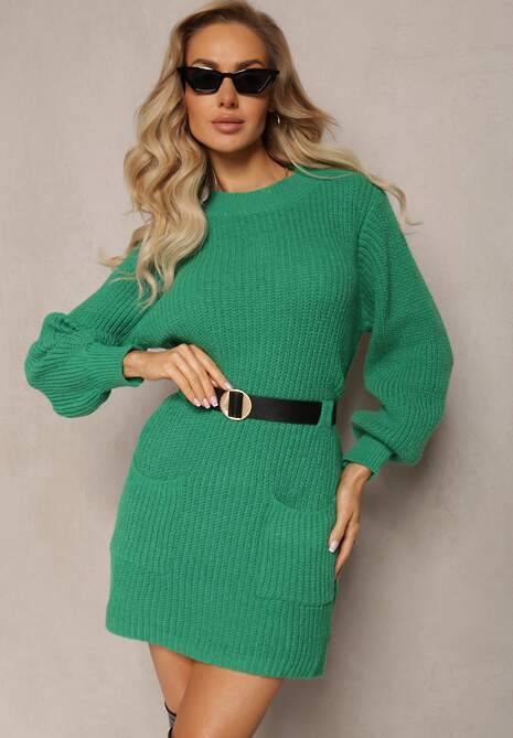 Zielona Sweterkowa Sukienka Prążkowana z Paskiem w Komplecie  Sofiatti