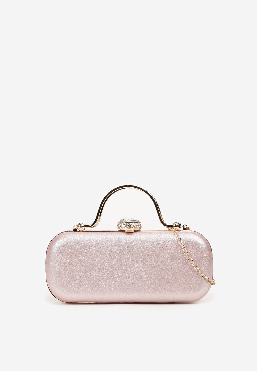 Złota Torebka Koktajlowa Zapinana na Zatrzask z Łańcuszkiem i Rączką Ozdobiona Cyrkoniami Carsea