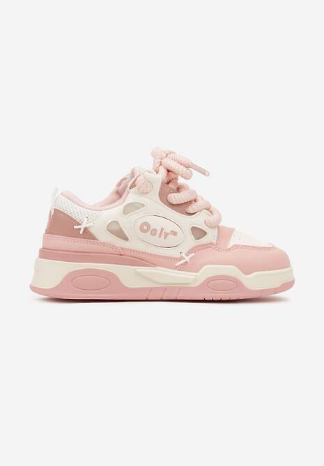 Różowe Sneakersy na Płaskiej Podeszwie Ozdobione Szerokimi Sznurówkami Veniefra