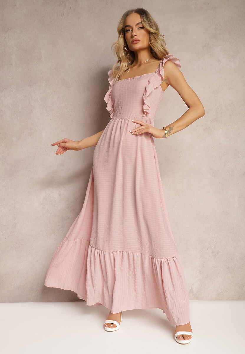 Zielona Sukienka z Wiązaniem na Plecach na Ramiączkach z Falbankami i Gumką w Pasie Rollas