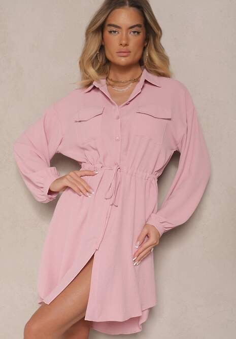 Różowa Sukienka Koszulowa z Bawełną Ozdobiona Wiązaniem Uladrisa
