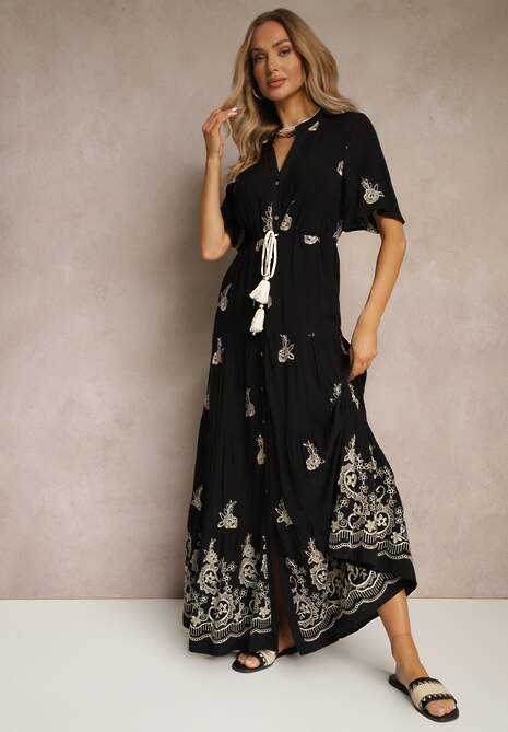 Czarna Rozkloszowana Sukienka Boho z Wiskozy Zdobiona Haftem i Wiązaniem Falvania