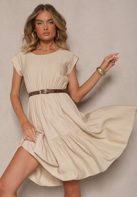 Beżowa Rozkloszowana Sukienka z Wiskozy Linurea