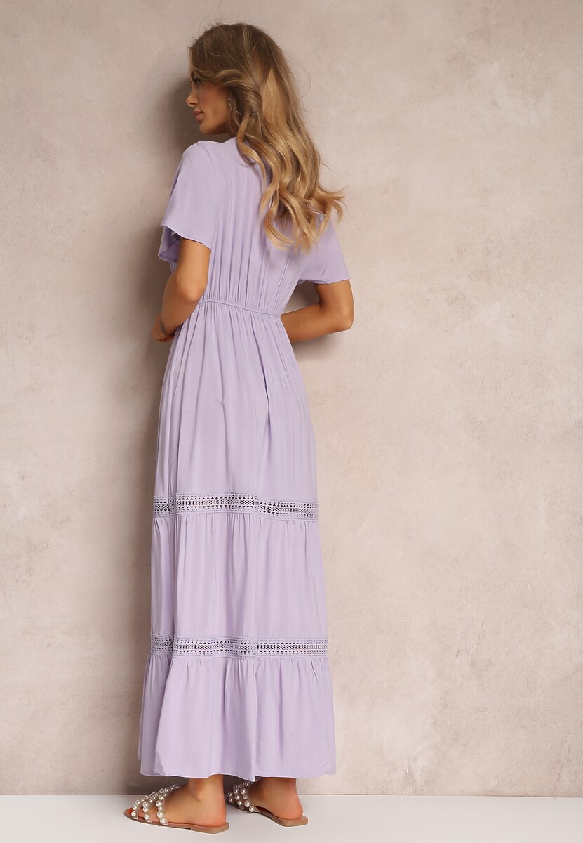 Fioletowa Długa Sukienka Zdobiona Koronkowymi Wstawkami z Gumką w Pasie Nasma